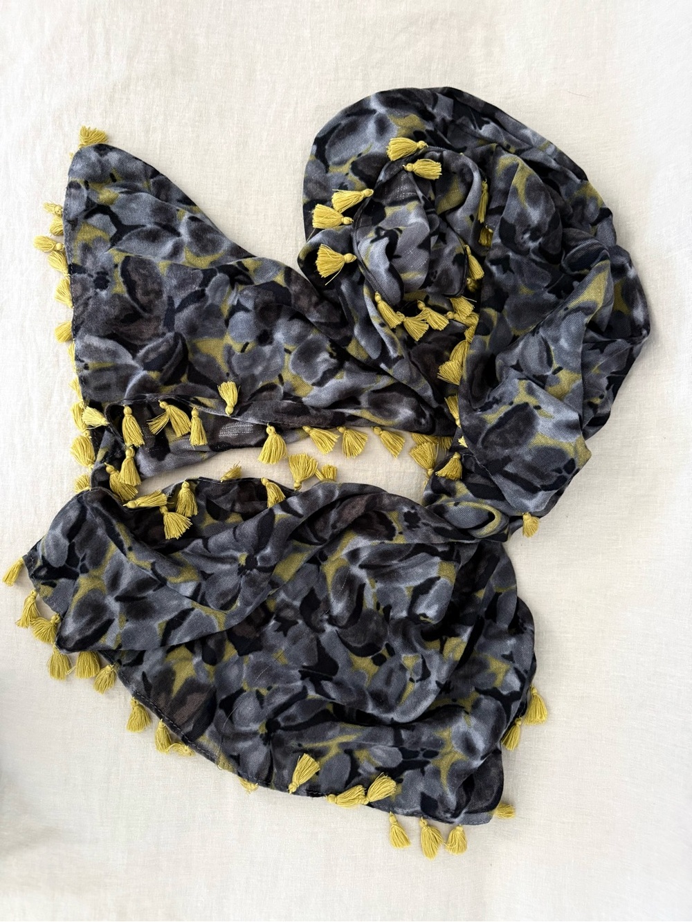 J.Crew | Floral Scarf Blue Gray Chartreuse Tassel Wrap - Picture 1 of 9